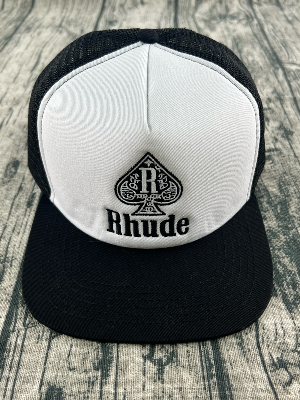 Rhude Black and White Embroidered Spade Trucker Cap